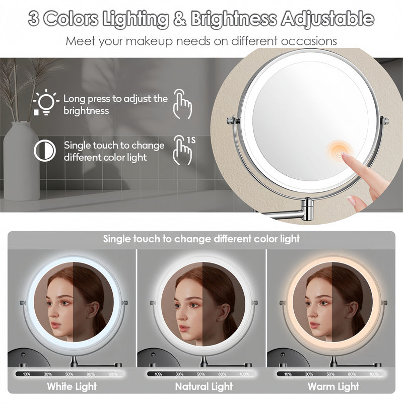 Brehn | Wiederaufladbarer wandmontierter Rasier Spiegel | 360° Drehung. 1X/10X Vergrößerung und verstellbare LED-Beleuchtung zur Nutzung im Badezimmer