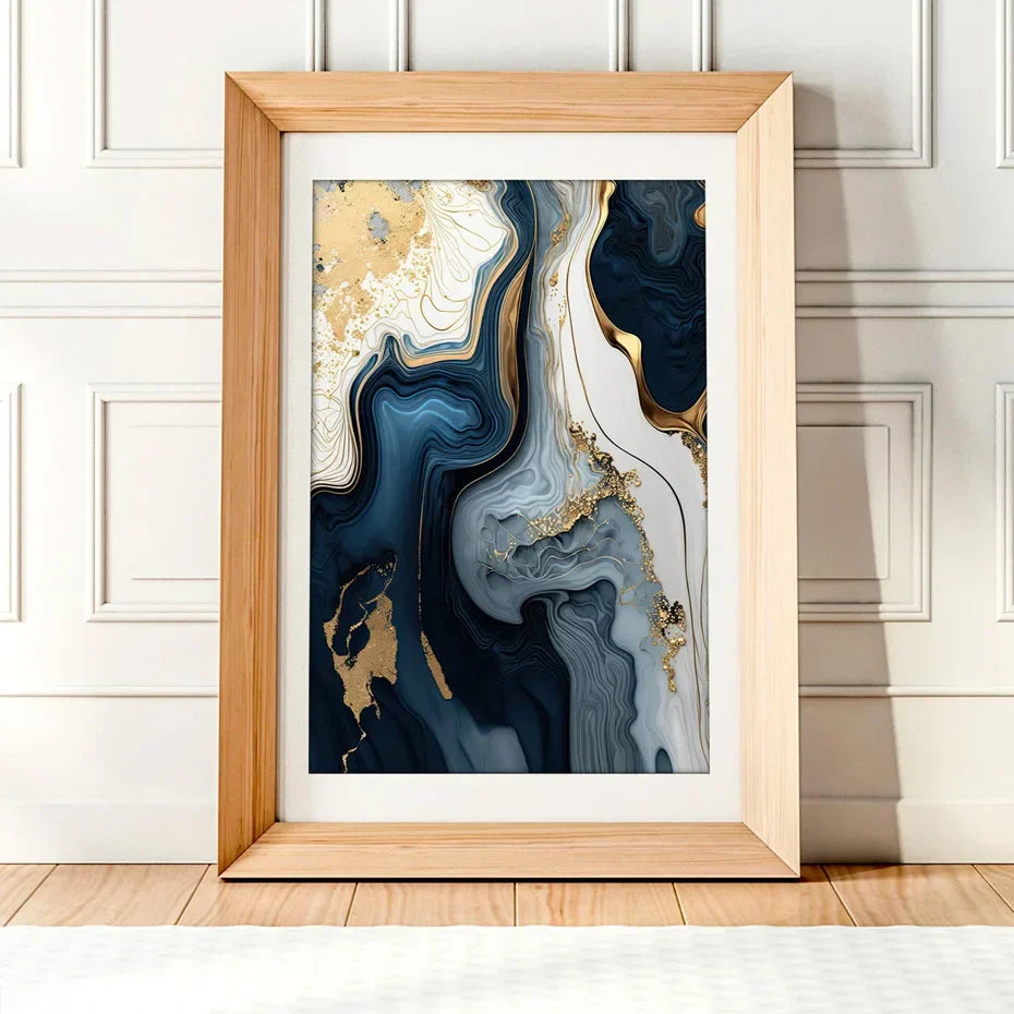Tiefsee-Ozeanblau Gold-Marmor-Druck Wandkunst Feine Kunst Leinwand Drucke Poster Bilder Für Wohnzimmer Esszimmer Licht Luxus Wohnkultur | Brehn