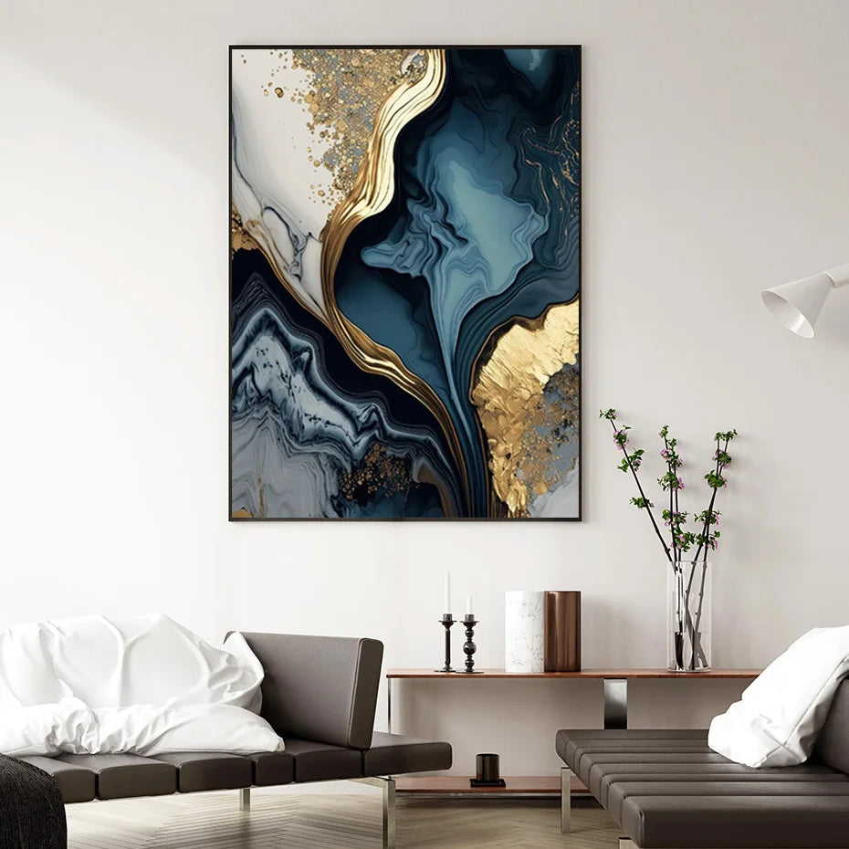 Tiefsee-Ozeanblau Gold-Marmor-Druck Wandkunst Feine Kunst Leinwand Drucke Poster Bilder Für Wohnzimmer Esszimmer Licht Luxus Wohnkultur | Brehn