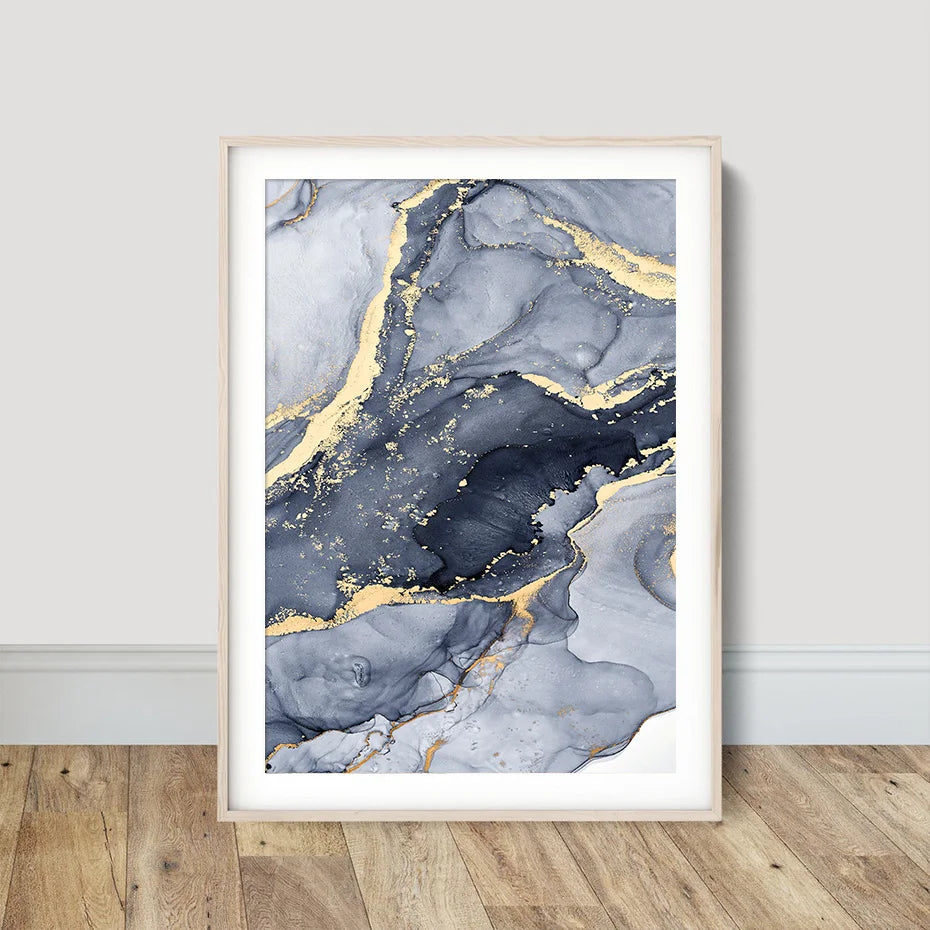 Schattierungen von Blau Abstrakte Flüssige Marmor Wandkunst Feine Kunst Leinwanddruck Mit Goldenen Akzenten Bilder Für Wohnzimmer Zeitgenössische Schlafzimmer Kunst Dekor | Brehn