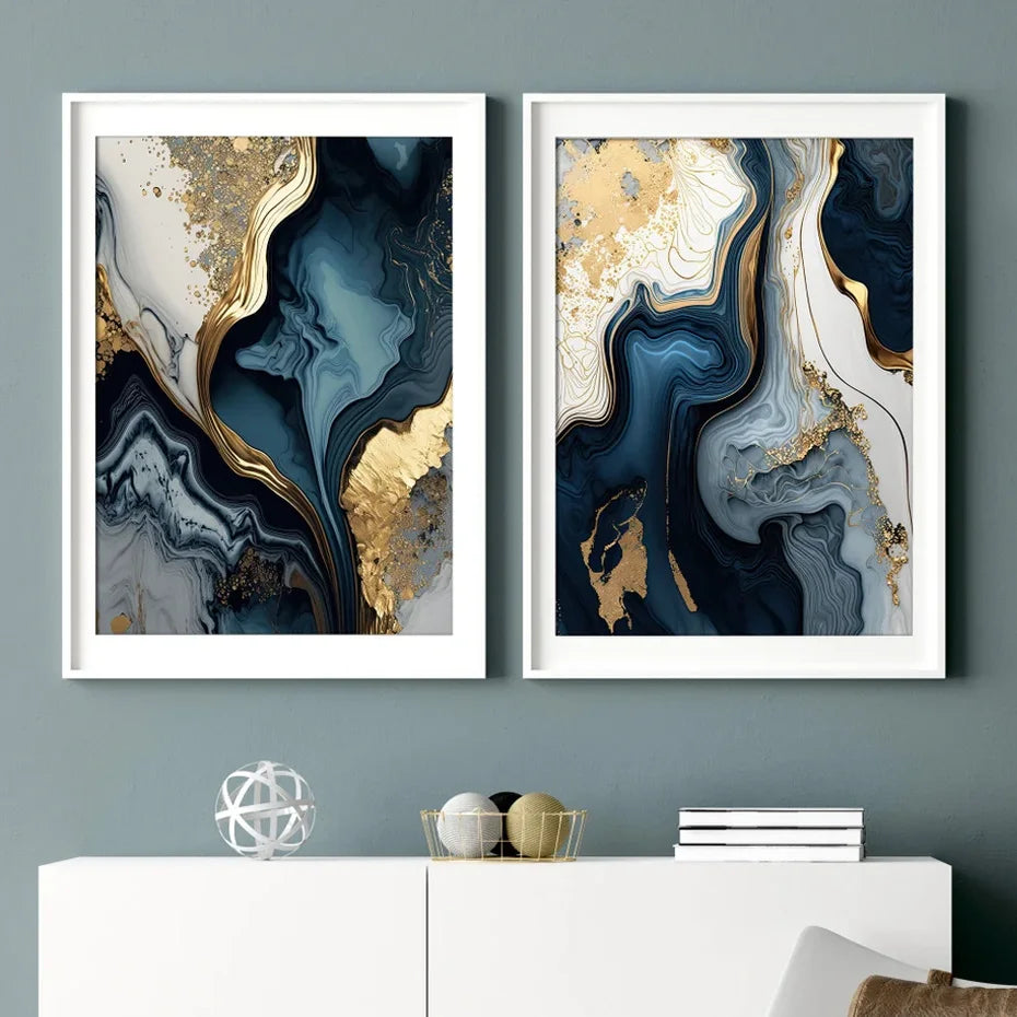 Tiefsee-Ozeanblau Gold-Marmor-Druck Wandkunst Feine Kunst Leinwand Drucke Poster Bilder Für Wohnzimmer Esszimmer Licht Luxus Wohnkultur | Brehn
