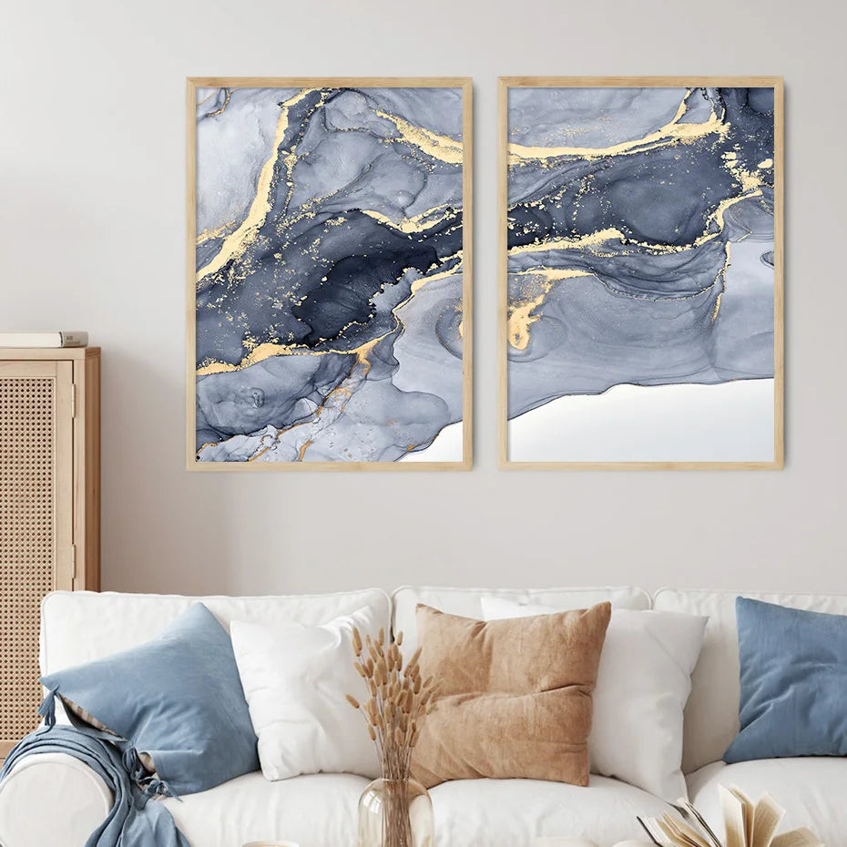 Schattierungen von Blau Abstrakte Flüssige Marmor Wandkunst Feine Kunst Leinwanddruck Mit Goldenen Akzenten Bilder Für Wohnzimmer Zeitgenössische Schlafzimmer Kunst Dekor | Brehn