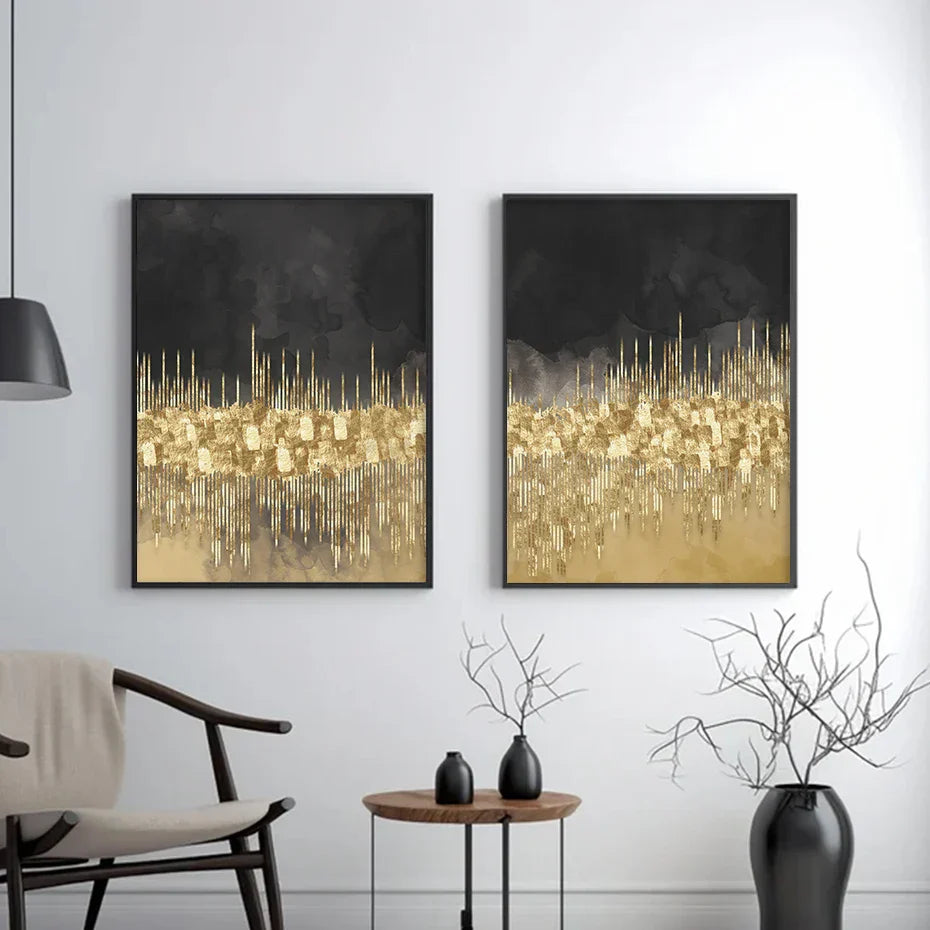 Abstrakte goldene Stadtlandschaft auf schwarzem Aquarell-Leinwanddruck Wandkunst leichte Luxusbilder für Wohnzimmer Schlafzimmer Home Office Dekor | Brehn
