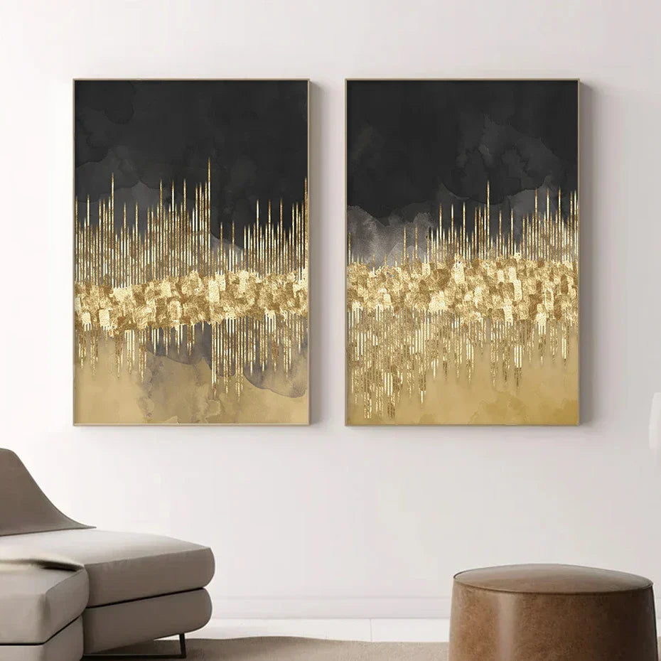 Abstrakte goldene Stadtlandschaft auf schwarzem Aquarell-Leinwanddruck Wandkunst leichte Luxusbilder für Wohnzimmer Schlafzimmer Home Office Dekor | Brehn
