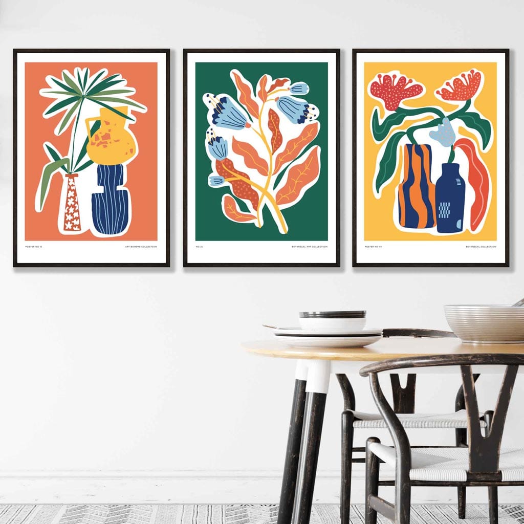 Künstlerisch gestaltetes botanisches Poster-Set mit 3 Postern in Grün, Orange und Gelb