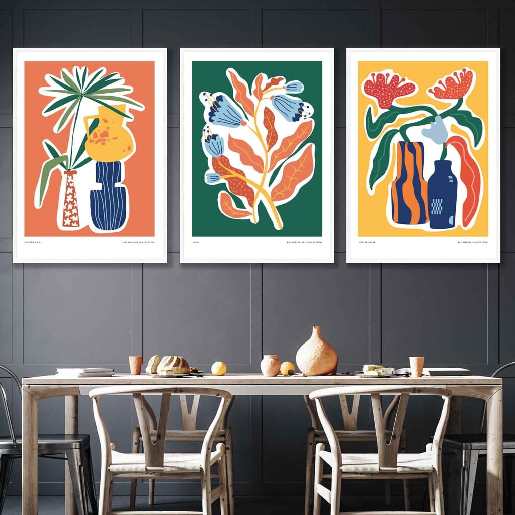Künstlerisch gestaltetes botanisches Poster-Set mit 3 Postern in Grün, Orange und Gelb