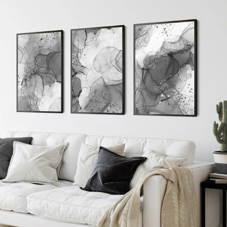 Moderne graue flüssige Marmor-Print Wandkunst feine Kunst Leinwanddrucke abstrakte schwarz-weiße Posterbilder für Wohnzimmer Home Office Kunst Dekor | Brehn