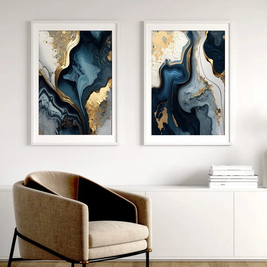 Tiefsee-Ozeanblau Gold-Marmor-Druck Wandkunst Feine Kunst Leinwand Drucke Poster Bilder Für Wohnzimmer Esszimmer Licht Luxus Wohnkultur | Brehn