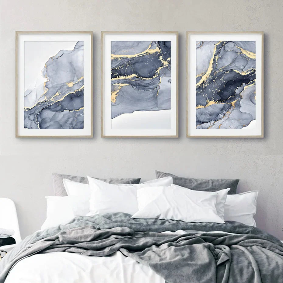 Schattierungen von Blau Abstrakte Flüssige Marmor Wandkunst Feine Kunst Leinwanddruck Mit Goldenen Akzenten Bilder Für Wohnzimmer Zeitgenössische Schlafzimmer Kunst Dekor | Brehn