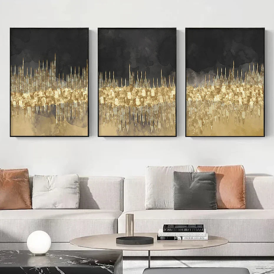 Abstrakte goldene Stadtlandschaft auf schwarzem Aquarell-Leinwanddruck Wandkunst leichte Luxusbilder für Wohnzimmer Schlafzimmer Home Office Dekor | Brehn