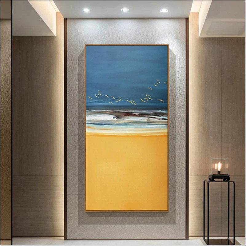 Abstract Strand Szene Leinwanddruck Meer Sand Landschaft Wandkunst Goldener Sand Sanfte Wellen & Dynamischer Himmel mit Vögeln