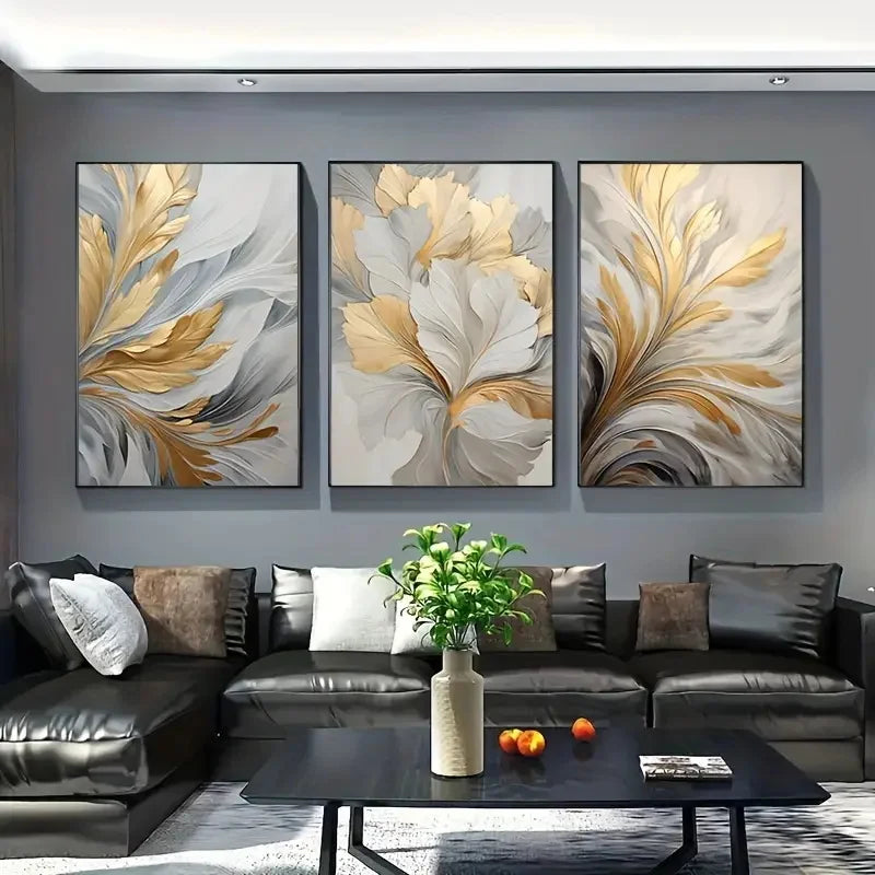 Set aus 3 Stück Abstrakte Weiße Goldene Blätter Florale Wandkunst Feine Kunstleinwanddrucke Moderne Botanische Bilder Für Wohnzimmer Esszimmer Schlafzimmer Kunst Dekor