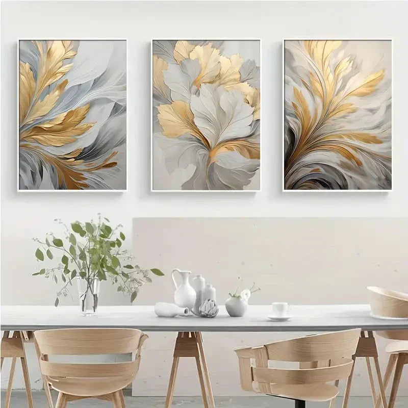Set aus 3 Stück Abstrakte Weiße Goldene Blätter Florale Wandkunst Feine Kunstleinwanddrucke Moderne Botanische Bilder Für Wohnzimmer Esszimmer Schlafzimmer Kunst Dekor