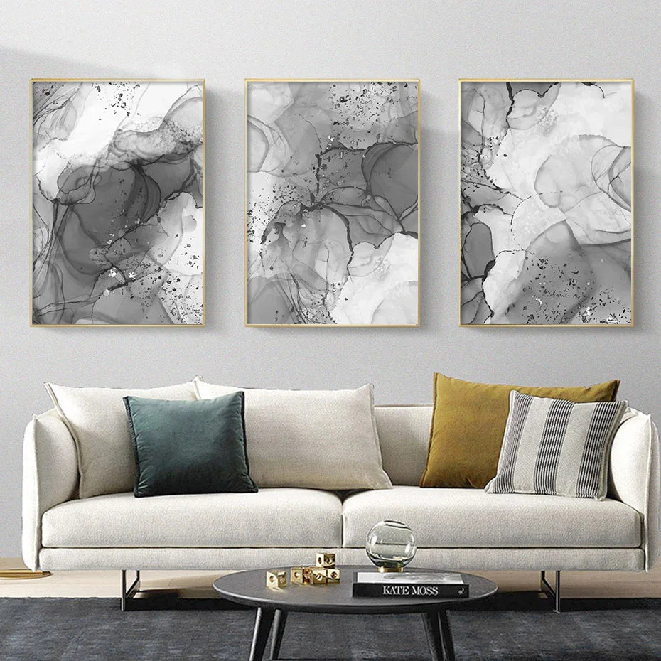 Moderne graue flüssige Marmor-Print Wandkunst feine Kunst Leinwanddrucke abstrakte schwarz-weiße Posterbilder für Wohnzimmer Home Office Kunst Dekor | Brehn