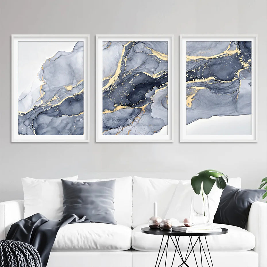 Schattierungen von Blau Abstrakte Flüssige Marmor Wandkunst Feine Kunst Leinwanddruck Mit Goldenen Akzenten Bilder Für Wohnzimmer Zeitgenössische Schlafzimmer Kunst Dekor | Brehn