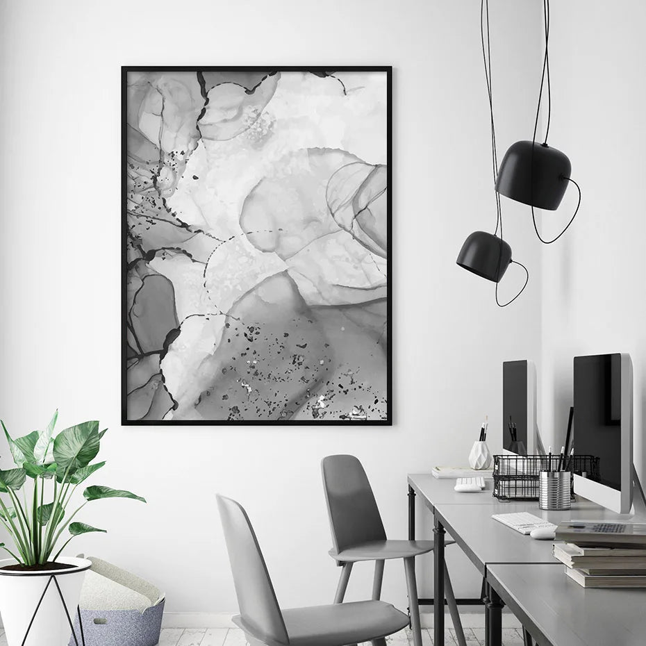 Moderne graue flüssige Marmor-Print Wandkunst feine Kunst Leinwanddrucke abstrakte schwarz-weiße Posterbilder für Wohnzimmer Home Office Kunst Dekor | Brehn