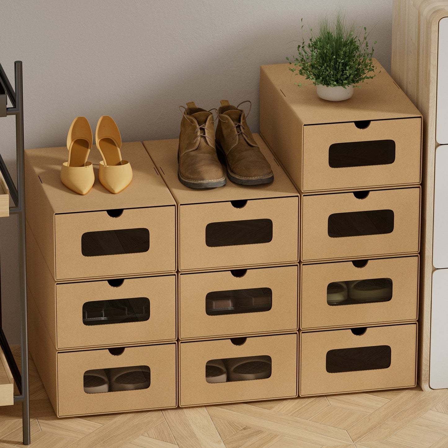 Aufbewahrungsboxen Pappe mit Sichtfenster & Schublade 10er Set | Brehn