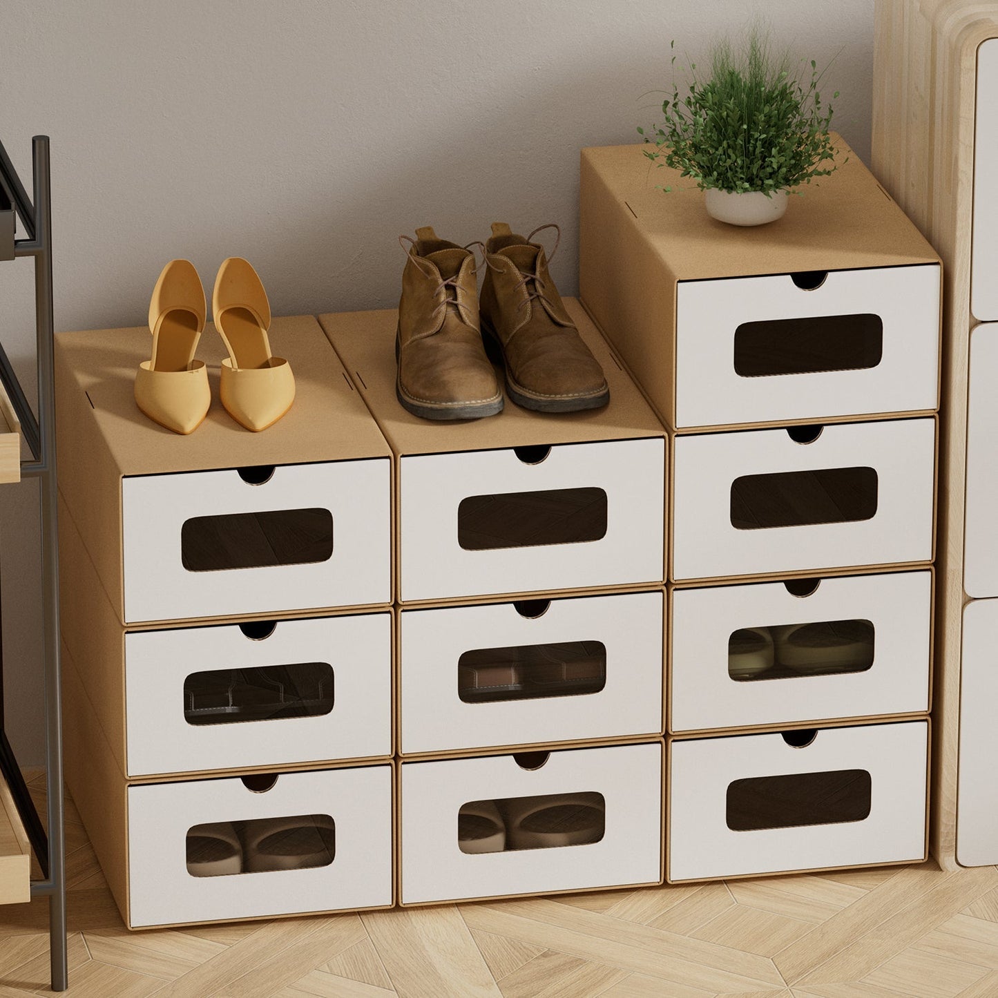 Aufbewahrungsboxen Pappe mit Sichtfenster & Schublade 10er Set | Brehn