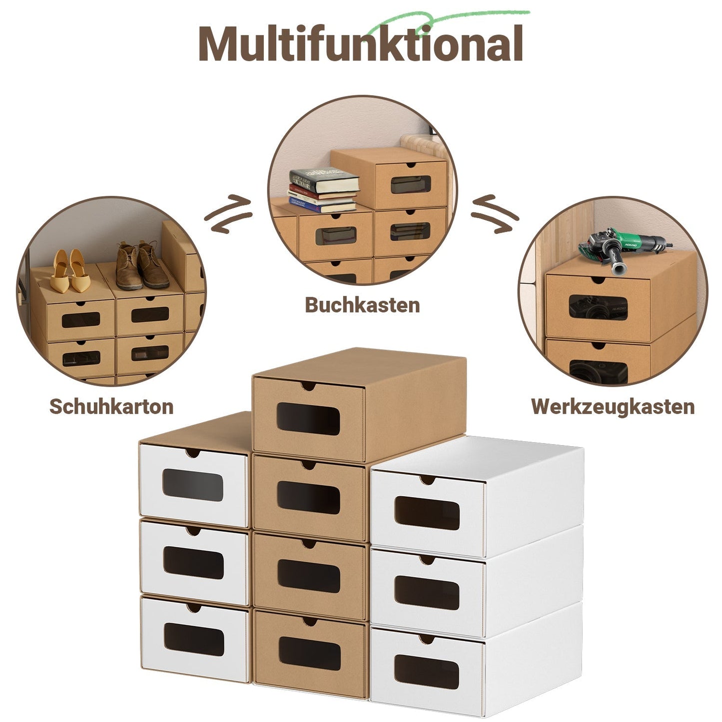 Aufbewahrungsboxen Pappe mit Sichtfenster & Schublade 10er Set | Brehn