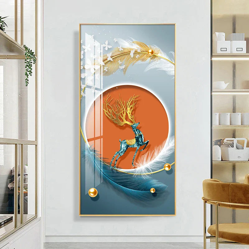 Glückverheißend Abstrakt Goldene Feder Hirsch Landschaft Wandkunst Feine Kunst Leinwanddrucke Bilder Für Wohnzimmer Eingang Foyer Licht Luxuriöse Wohnkultur