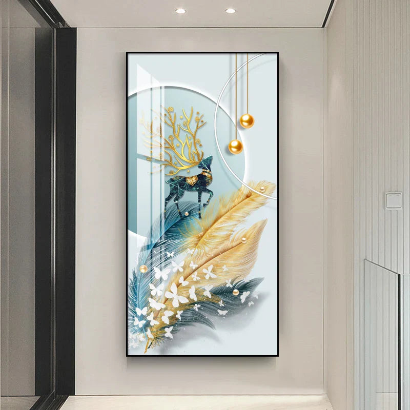 Glückverheißend Abstrakt Goldene Feder Hirsch Landschaft Wandkunst Feine Kunst Leinwanddrucke Bilder Für Wohnzimmer Eingang Foyer Licht Luxuriöse Wohnkultur