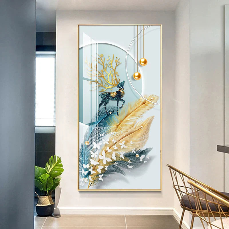 Glückverheißend Abstrakt Goldene Feder Hirsch Landschaft Wandkunst Feine Kunst Leinwanddrucke Bilder Für Wohnzimmer Eingang Foyer Licht Luxuriöse Wohnkultur