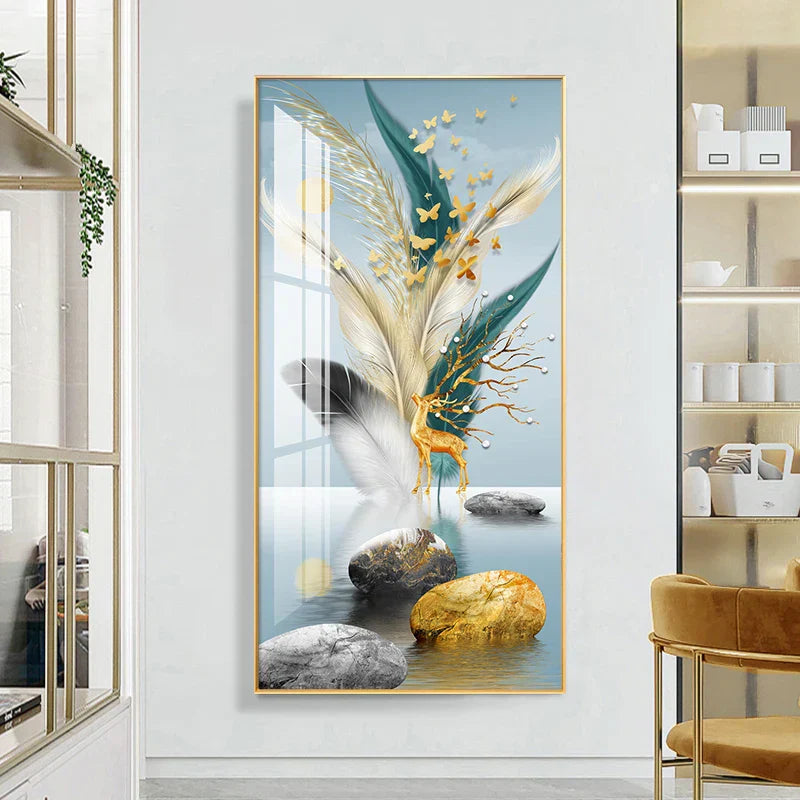 Glückverheißend Abstrakt Goldene Feder Hirsch Landschaft Wandkunst Feine Kunst Leinwanddrucke Bilder Für Wohnzimmer Eingang Foyer Licht Luxuriöse Wohnkultur