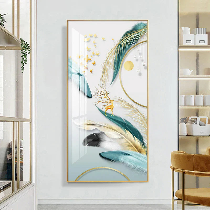 Glückverheißend Abstrakt Goldene Feder Hirsch Landschaft Wandkunst Feine Kunst Leinwanddrucke Bilder Für Wohnzimmer Eingang Foyer Licht Luxuriöse Wohnkultur