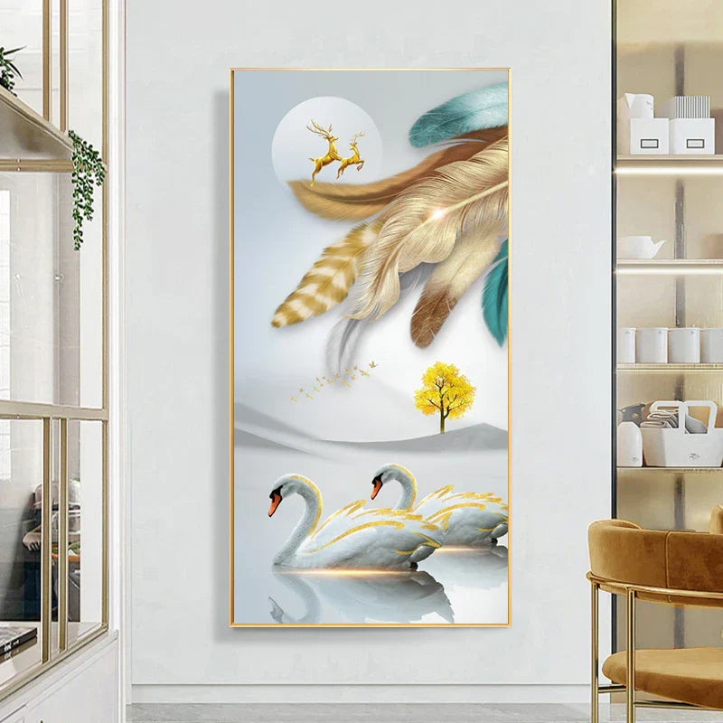 Glückverheißend Abstrakt Goldene Feder Hirsch Landschaft Wandkunst Feine Kunst Leinwanddrucke Bilder Für Wohnzimmer Eingang Foyer Licht Luxuriöse Wohnkultur