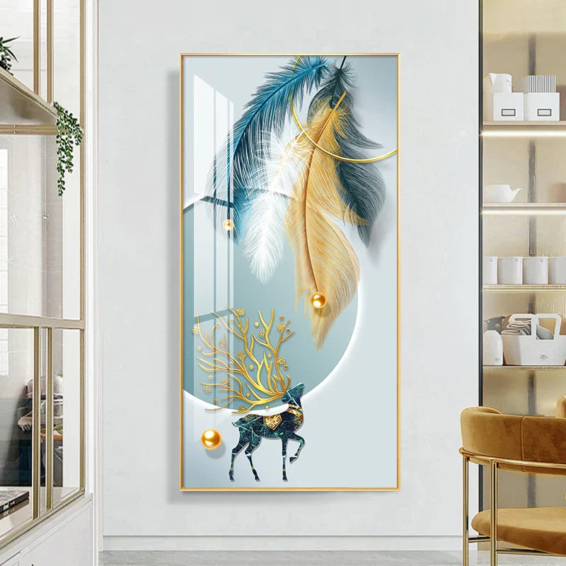 Glückverheißend Abstrakt Goldene Feder Hirsch Landschaft Wandkunst Feine Kunst Leinwanddrucke Bilder Für Wohnzimmer Eingang Foyer Licht Luxuriöse Wohnkultur