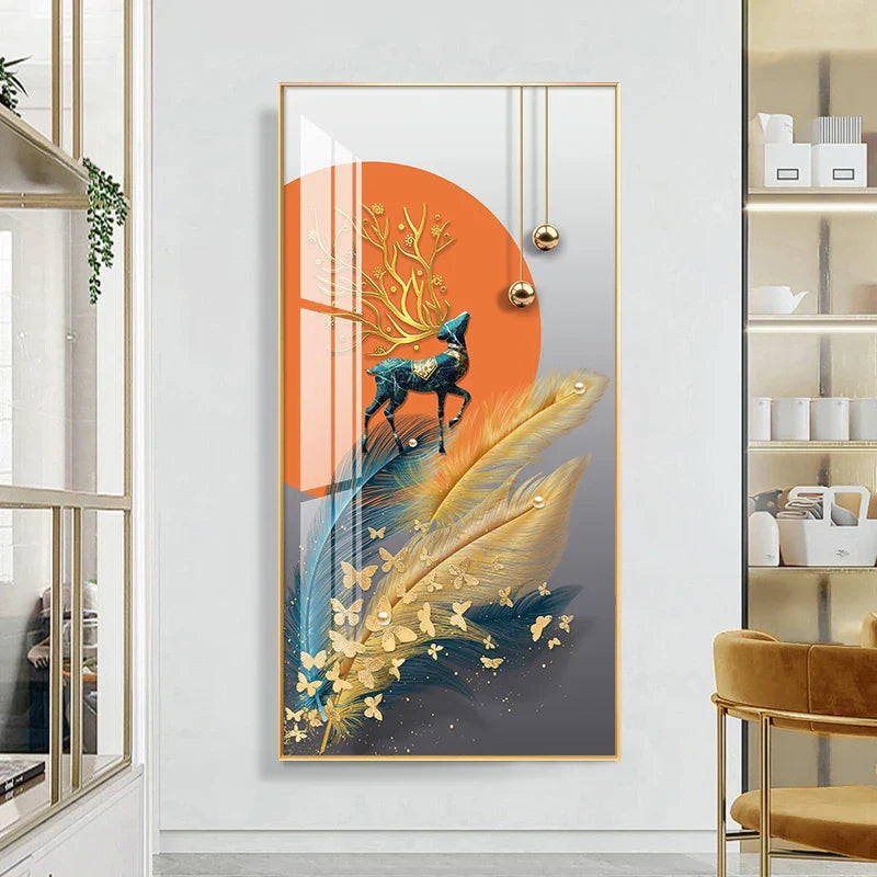 Glückverheißend Abstrakt Goldene Feder Hirsch Landschaft Wandkunst Feine Kunst Leinwanddrucke Bilder Für Wohnzimmer Eingang Foyer Licht Luxuriöse Wohnkultur