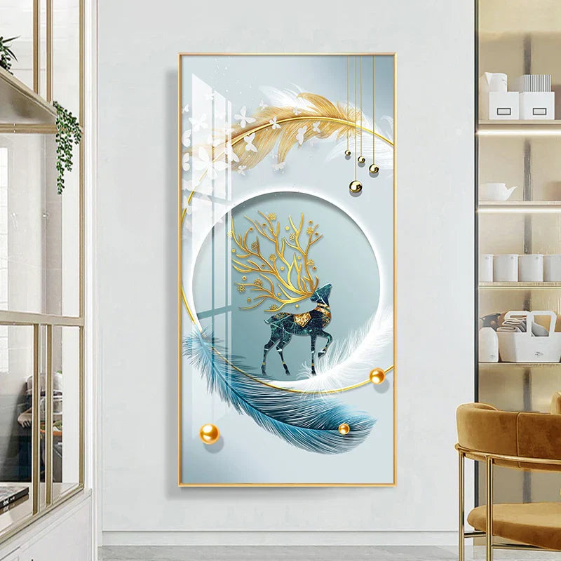 Glückverheißend Abstrakt Goldene Feder Hirsch Landschaft Wandkunst Feine Kunst Leinwanddrucke Bilder Für Wohnzimmer Eingang Foyer Licht Luxuriöse Wohnkultur