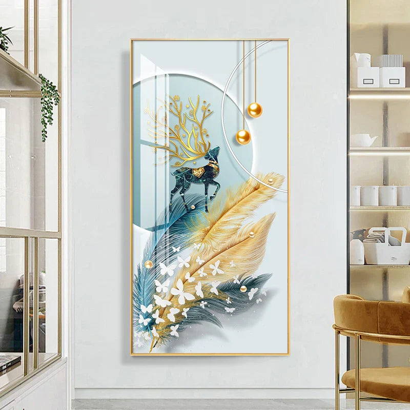 Glückverheißend Abstrakt Goldene Feder Hirsch Landschaft Wandkunst Feine Kunst Leinwanddrucke Bilder Für Wohnzimmer Eingang Foyer Licht Luxuriöse Wohnkultur