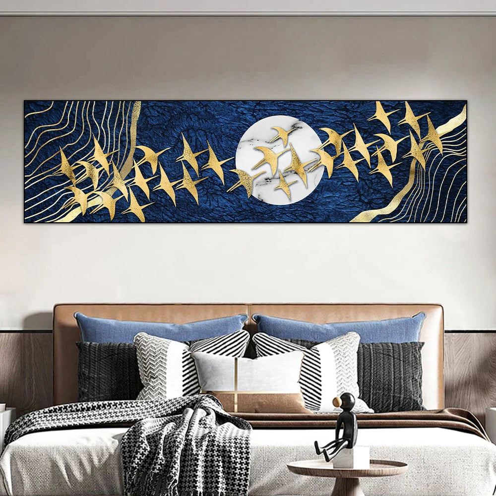 Glückbringende Goldene Vögel Im Mond Wandkunst Feine Kunst Leinwanddruck Modernes Breitformat Bild Für Über Das Sofa Kunst Für Über Das Bett