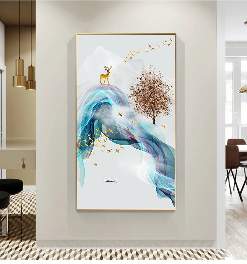 Glückbringende Goldene Reh Fließende Abstrakte Landschaft Wandkunst Fein Kunst Leinwand Drucke Inspirierende Bilder Für Wohnzimmer Esszimmer Kunst Dekor