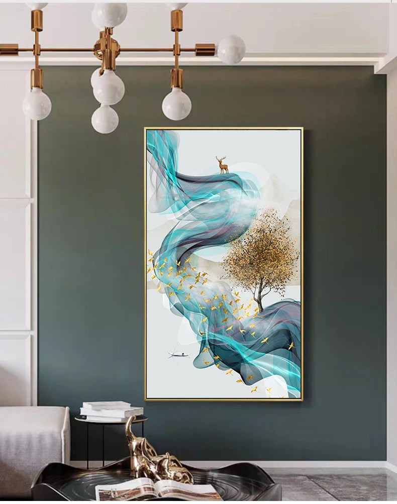 Glückbringende Goldene Reh Fließende Abstrakte Landschaft Wandkunst Fein Kunst Leinwand Drucke Inspirierende Bilder Für Wohnzimmer Esszimmer Kunst Dekor