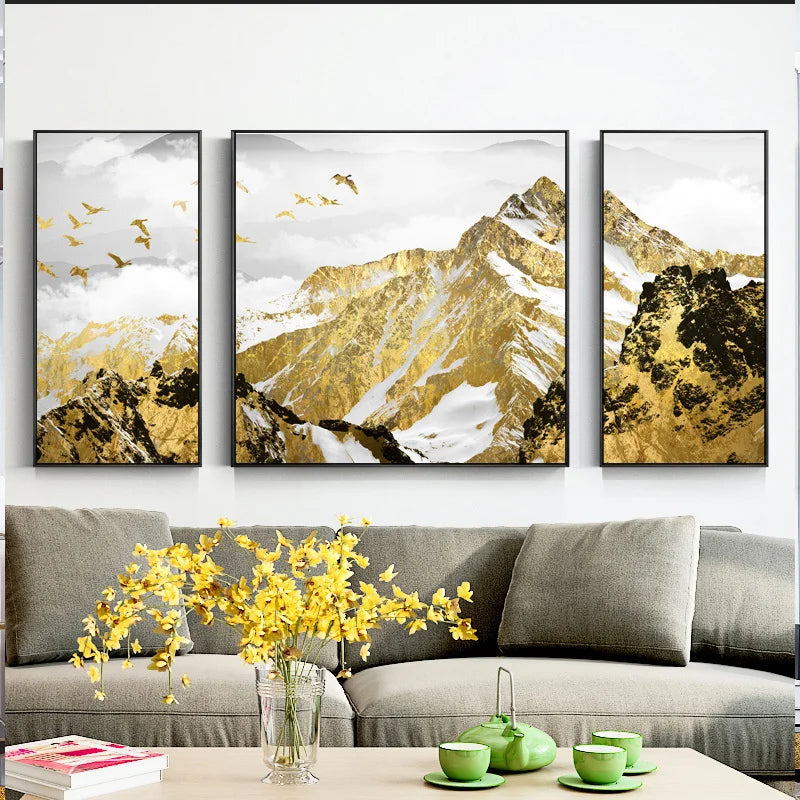 Günstige Goldene Berg Triptychon Landschaft Wandkunst Fine Art Leinwand Drucke Set von 3 Stück Bildern für Wohnzimmer Esszimmer Leichte Luxus Wohnkultur