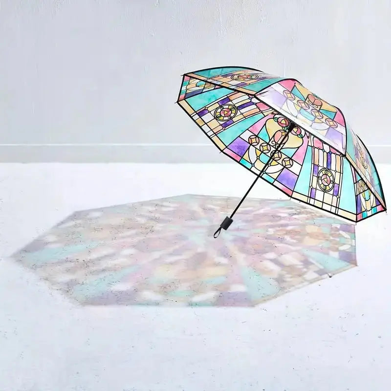 Automatischer Regenschirm – Vintage-Design mit Buntglas und Windvorhersage