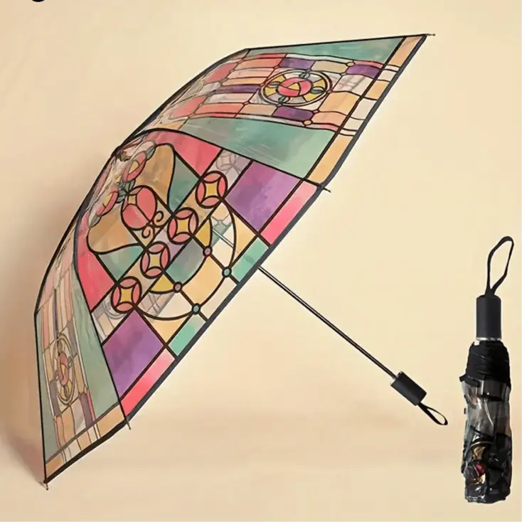 Automatischer Regenschirm – Vintage-Design mit Buntglas und Windvorhersage