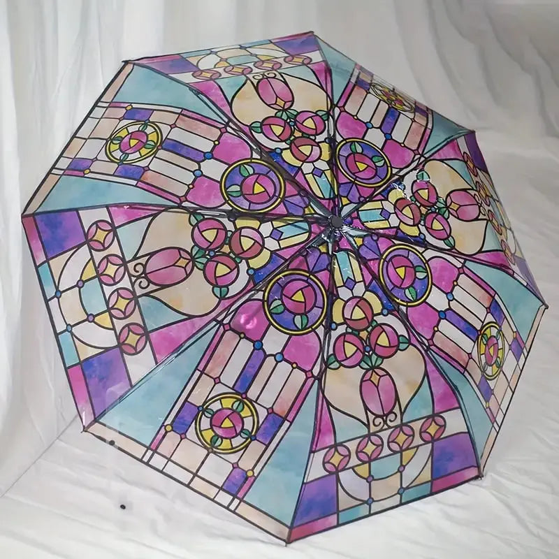 Automatischer Regenschirm – Vintage-Design mit Buntglas und Windvorhersage