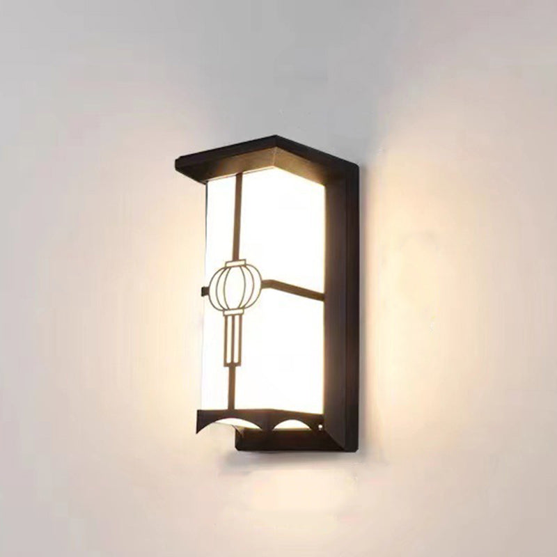 Traditionelle Chinesische Rechteckige Wasserdichte Aluminium Acryl LED Wandlampe Für Außenpatios | Brehn