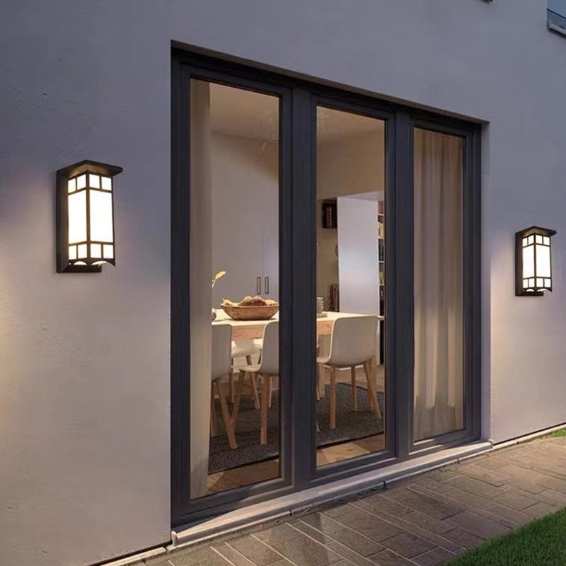 Traditionelle Chinesische Rechteckige Wasserdichte Aluminium Acryl LED Wandlampe Für Außenpatios | Brehn
