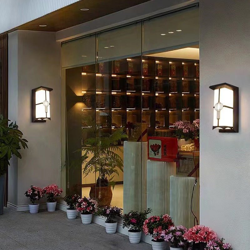 Traditionelle Chinesische Rechteckige Wasserdichte Aluminium Acryl LED Wandlampe Für Außenpatios | Brehn