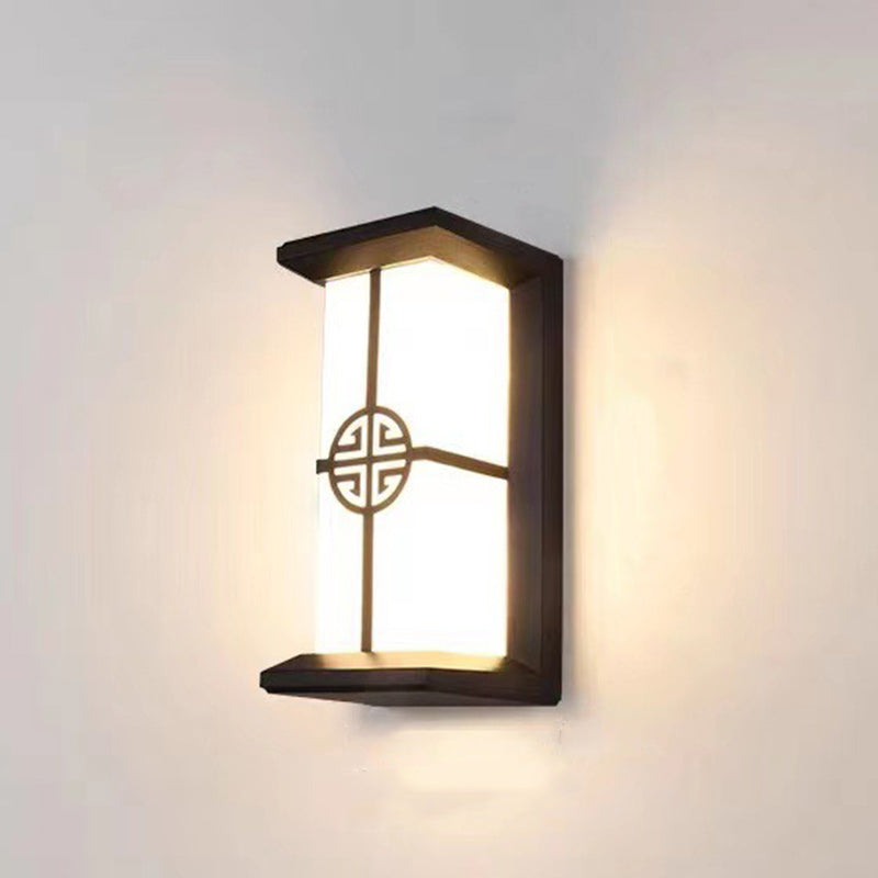 Traditionelle Chinesische Rechteckige Wasserdichte Aluminium Acryl LED Wandlampe Für Außenpatios | Brehn