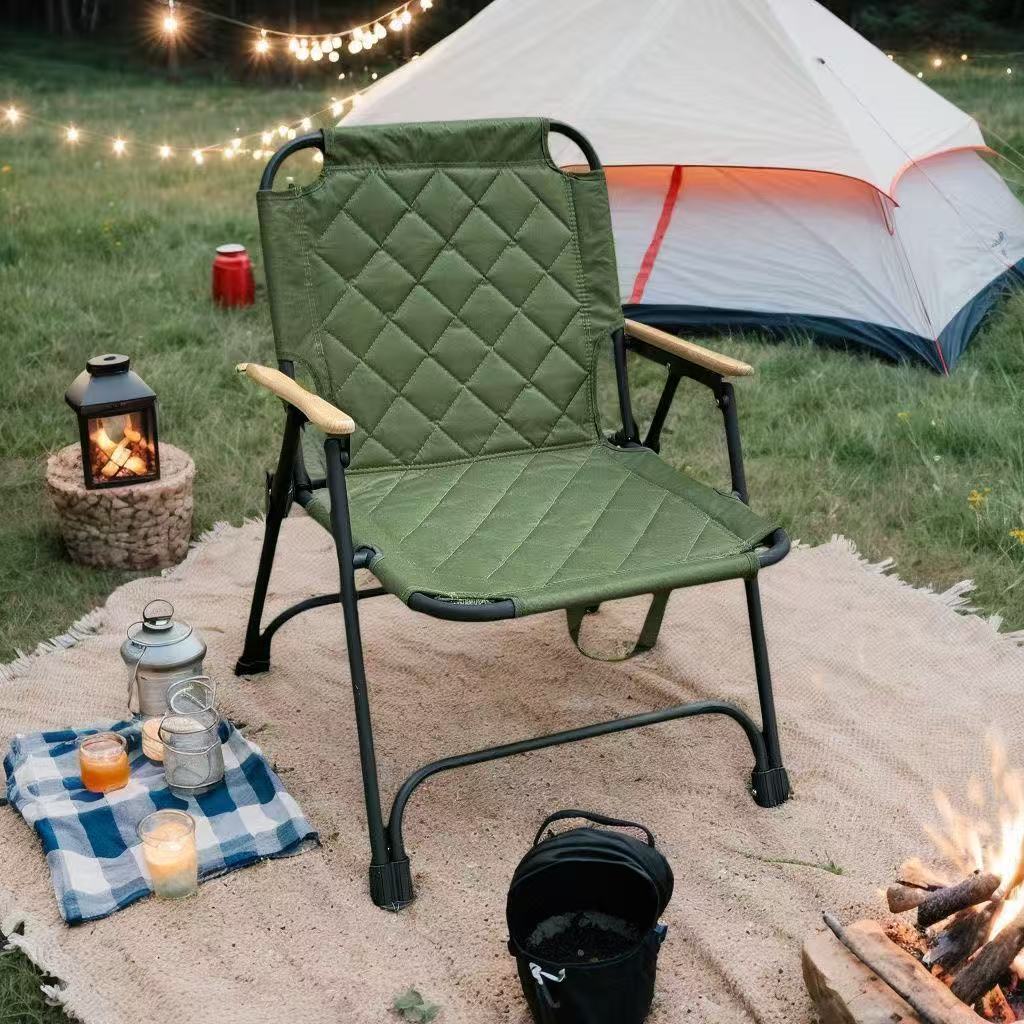 Moderner Minimalistischer Rechteckiger Diamantmuster Carbonstahl Oxford Stoff Buchenholz Klapp-Campingstuhl Rückenlehne Armlehne Für Garten | Brehn