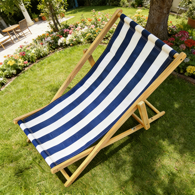 Moderner minimalistischer rechteckiger Oxford-Stoff solider Kiefernholz Outdoor-Strandstuhl faltbarer Liegestuhl mit Rückenlehne für den Außenbereich | Brehn