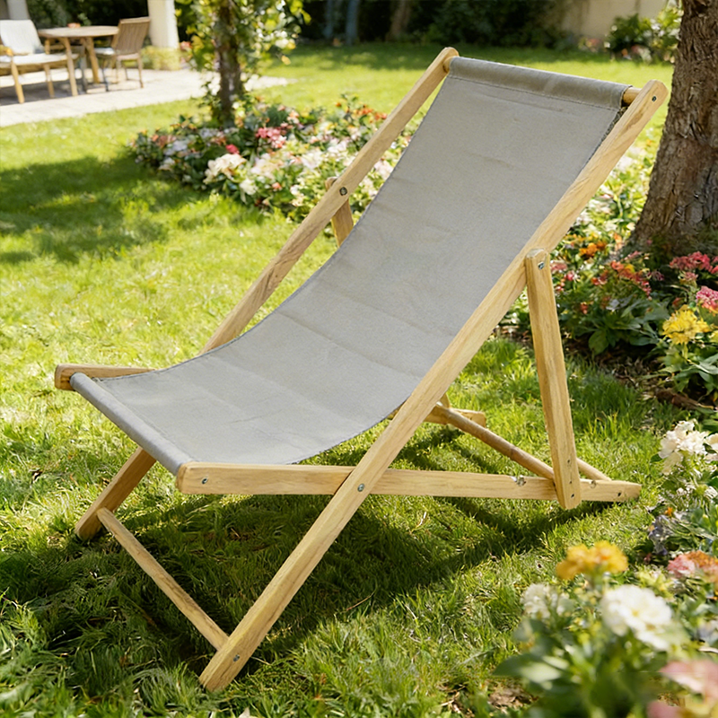 Rechteckiger Outdoor-Strandstuhl aus massivem Kiefernholz mit klappbarer Rückenlehne, bezogen mit Oxford-Gewebe, für den Außenbereich