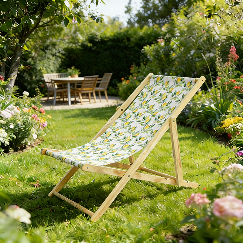 Rechteckiger Outdoor-Strandstuhl aus massivem Kiefernholz mit klappbarer Rückenlehne, bezogen mit Oxford-Gewebe, für den Außenbereich