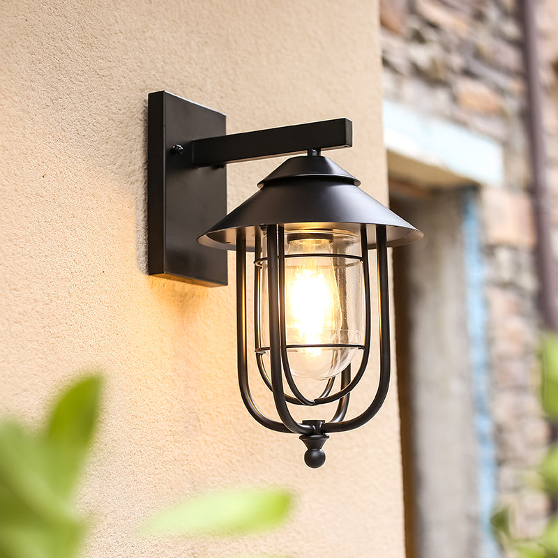 Zeitgenössische industrielle Eisen- & Glass eingekäfigte Zylinder 1-Licht Wandleuchte Lampe für Außenpatio | Brehn
