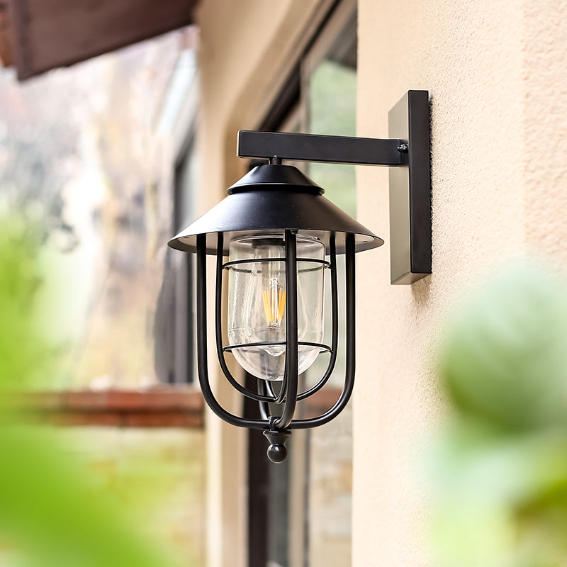 Zeitgenössische industrielle Eisen- & Glass eingekäfigte Zylinder 1-Licht Wandleuchte Lampe für Außenpatio | Brehn